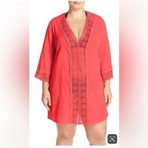 La Blanca MEDIUM Island Fare V-Neck Crinkle Crochet Swim Cover Up Tunic Orange